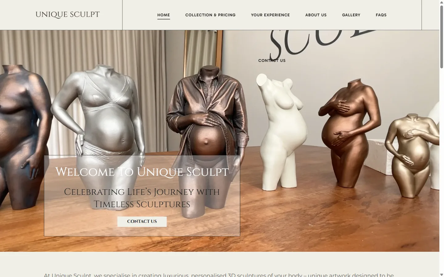 Unique Sculpt website: homepage designed and built by Vimana Digital