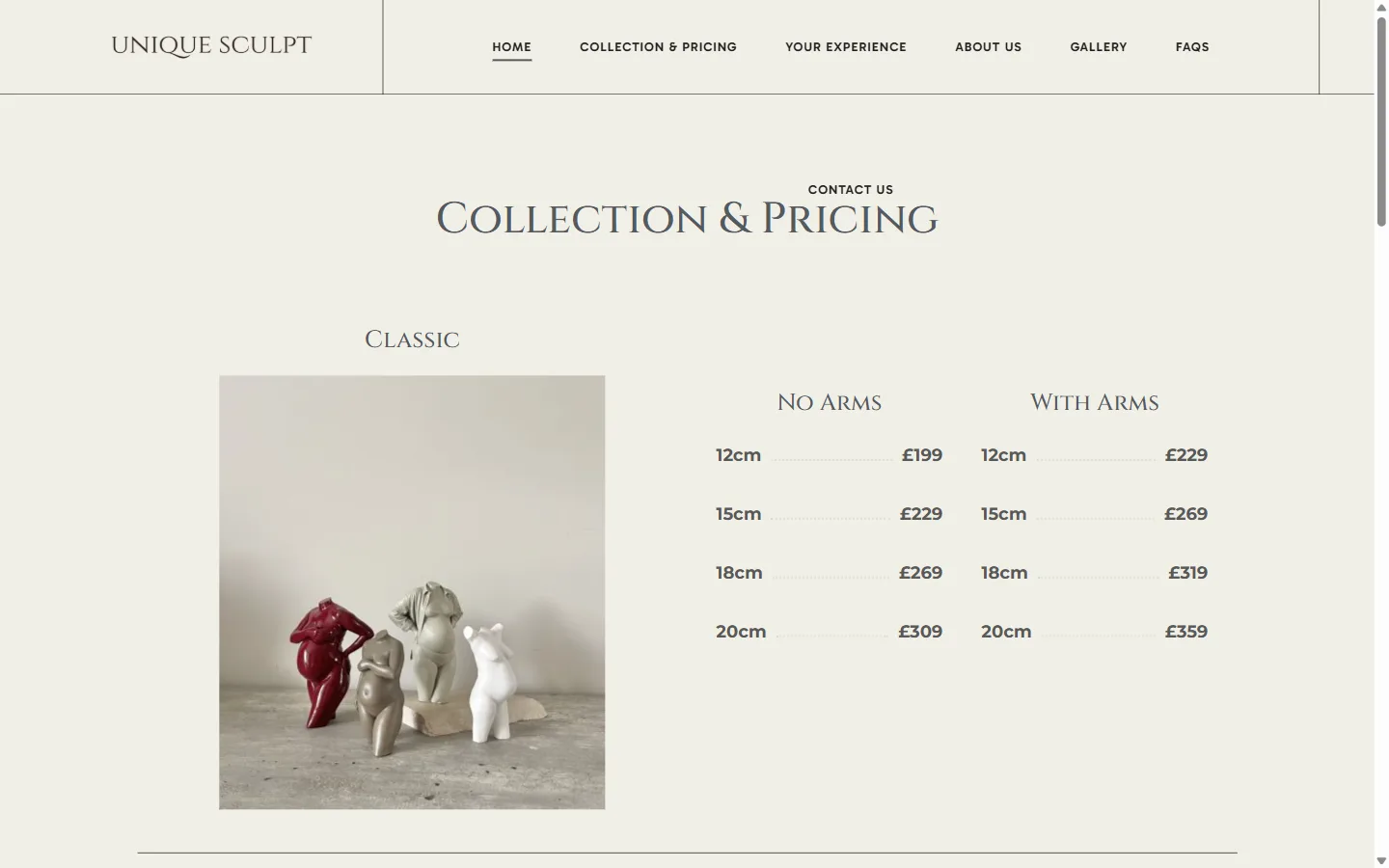 Unique Sculpt website: inside page