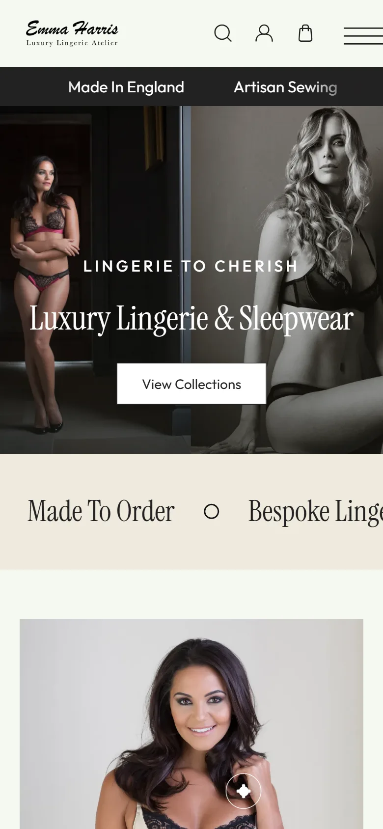 Emma Harris Lingerie website: mobile view