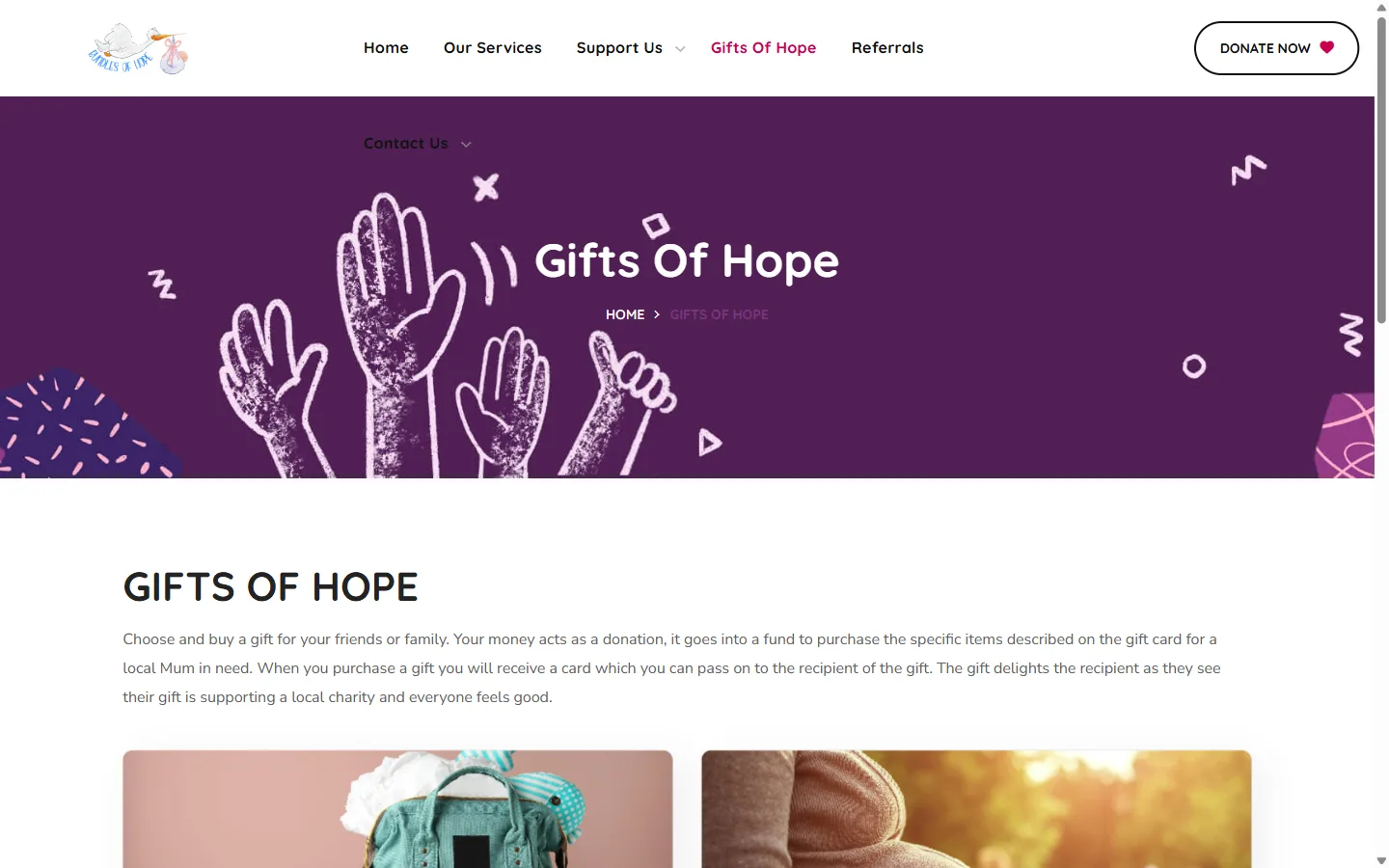 Bundles of Hope website: inside page