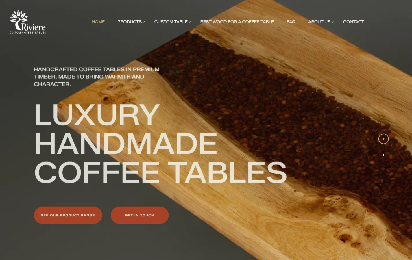 Riviere Custom Coffee Tables website: homepage designed and built by Vimana Digital