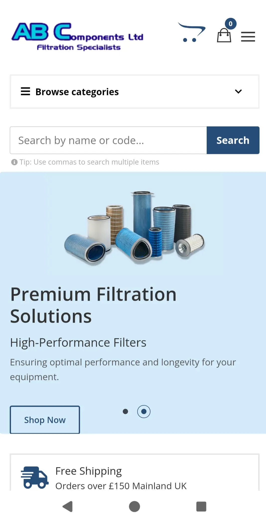 AB Components Donaldson Filters mobile ecommerce homepage