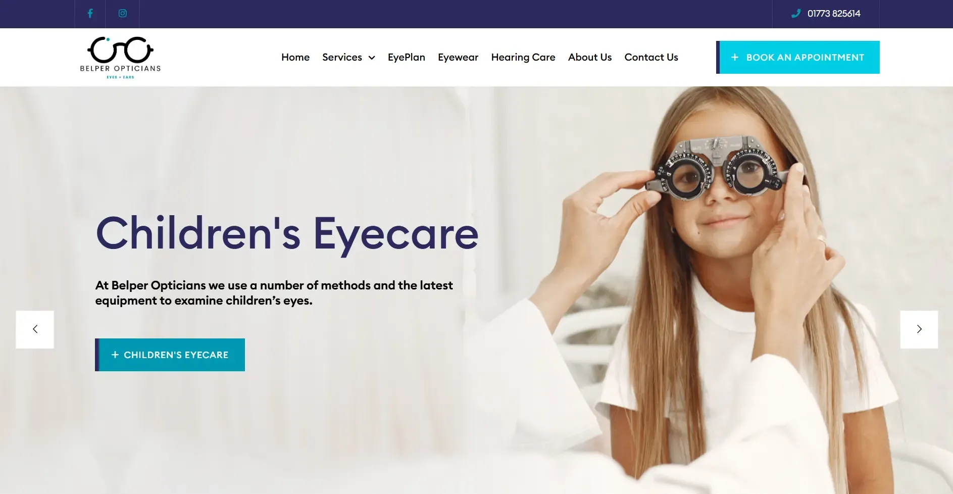 Website design for Belper Opticians near Derby highlighting eye care services and appointment booking.