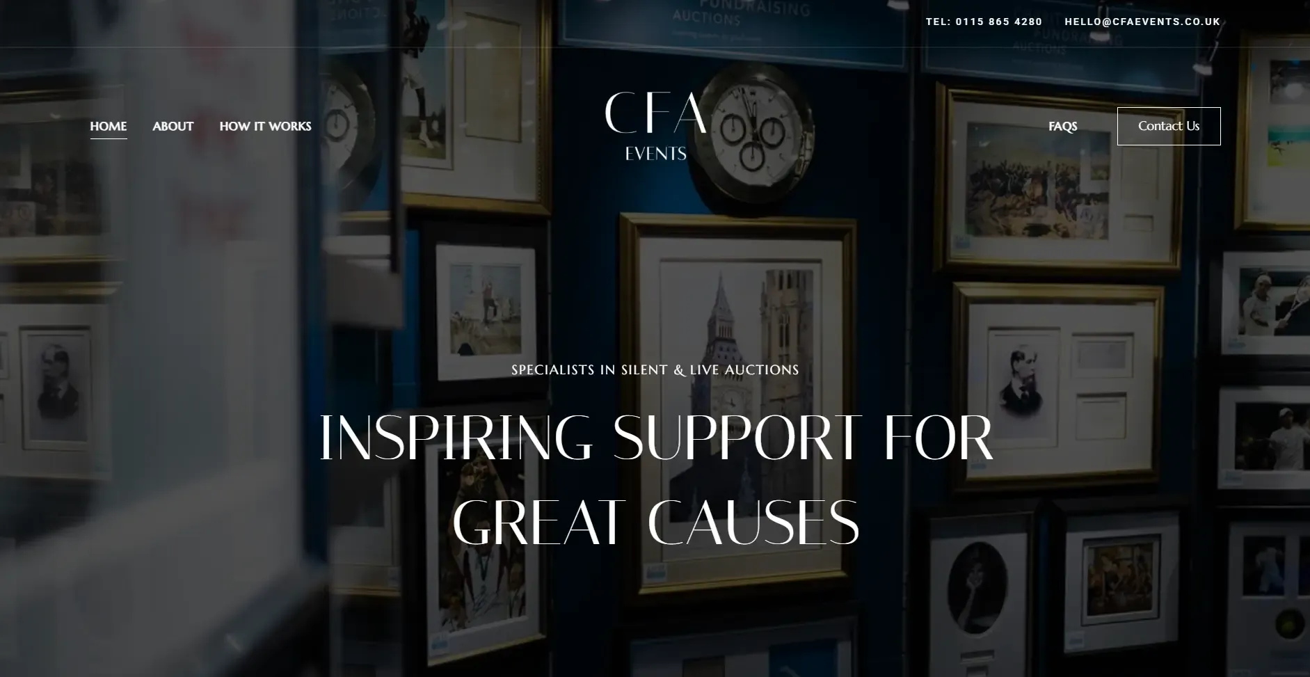 Web design for CFA Events in Derby showcasing unique auction prizes for fundraisers and galas.