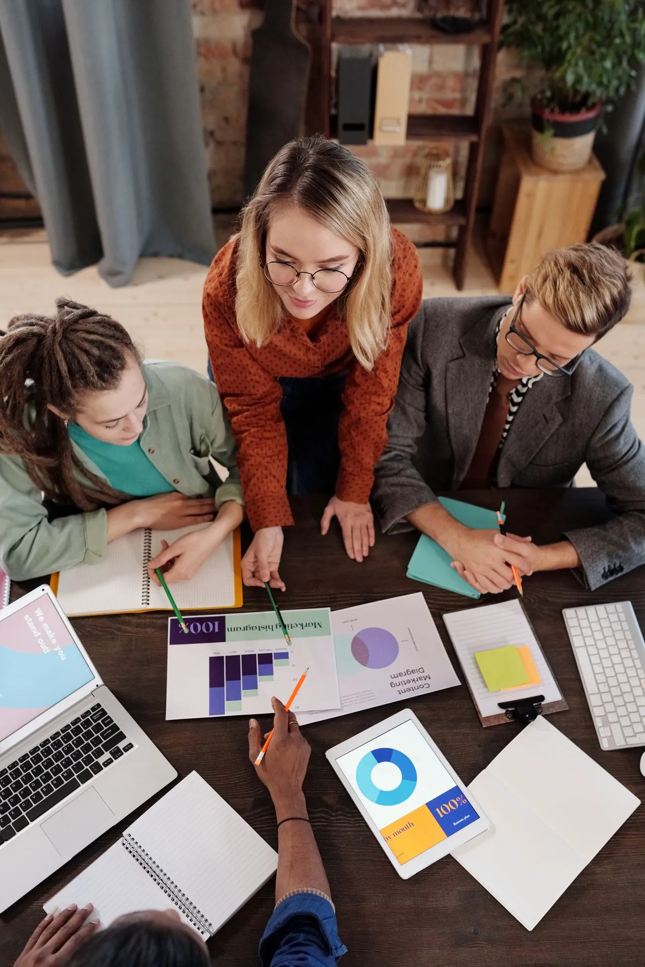 Marketing team planning a campaign around charts, a laptop and a tablet
