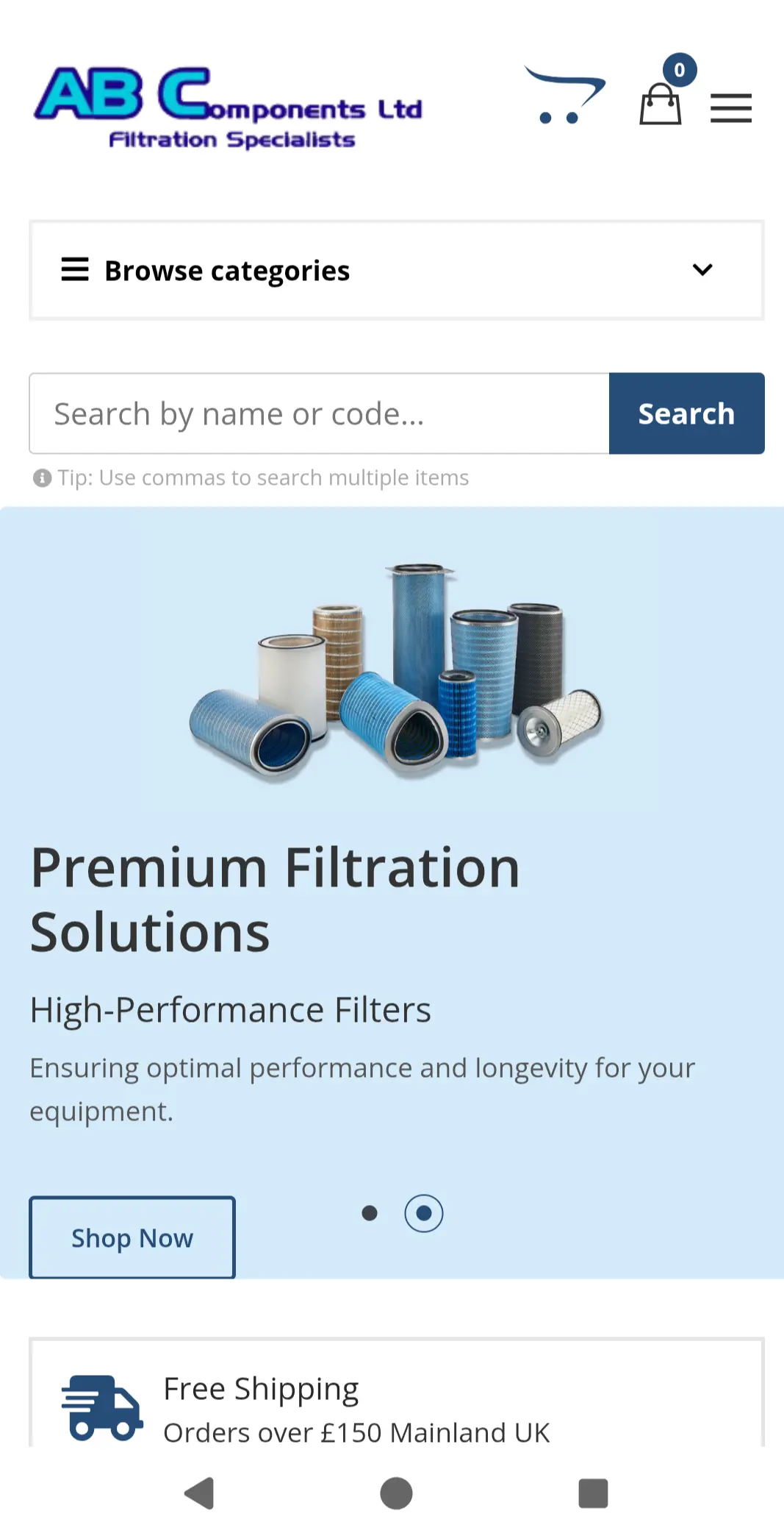 AB Components Donaldson Filters mobile ecommerce homepage