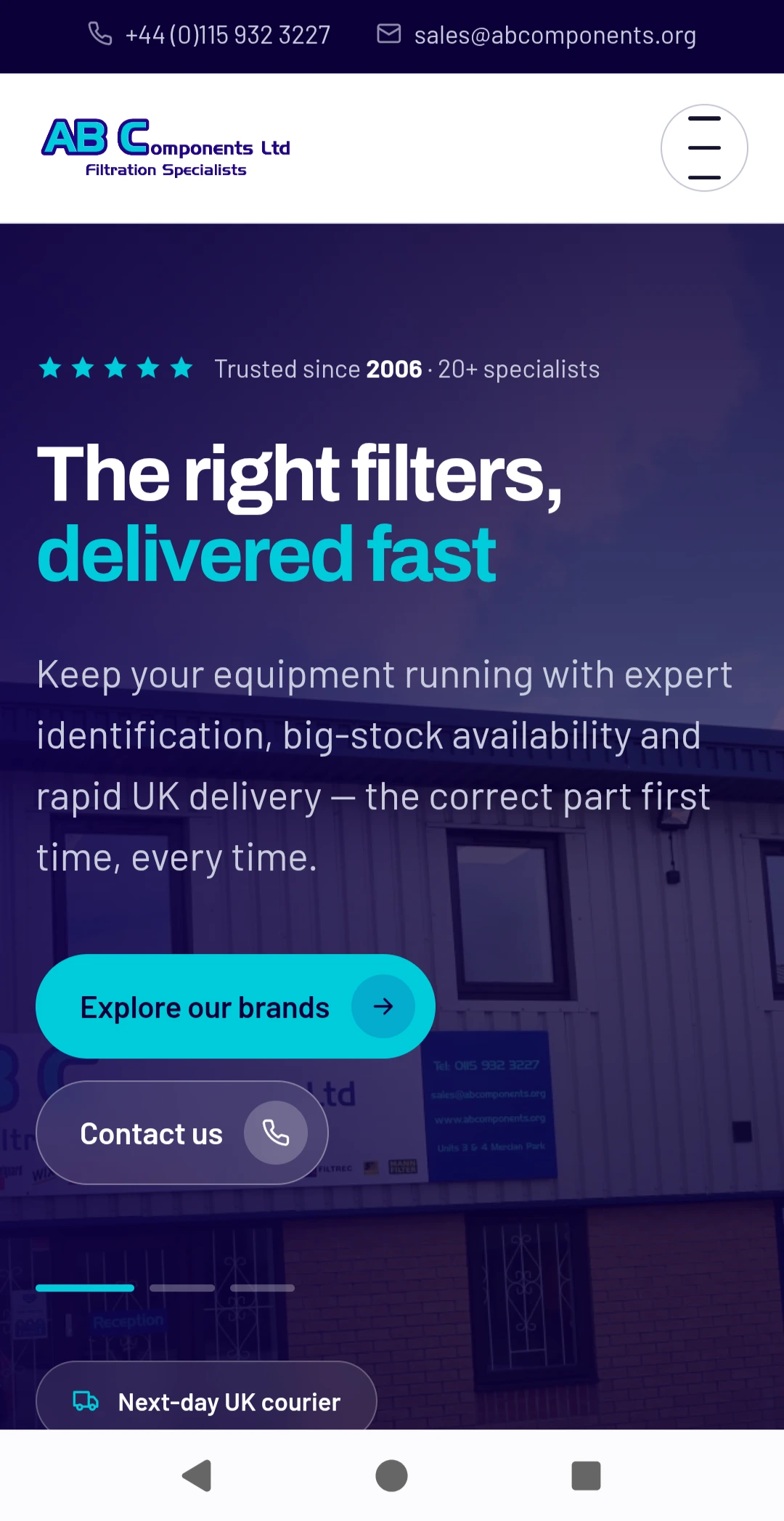 AB Components mobile website homepage