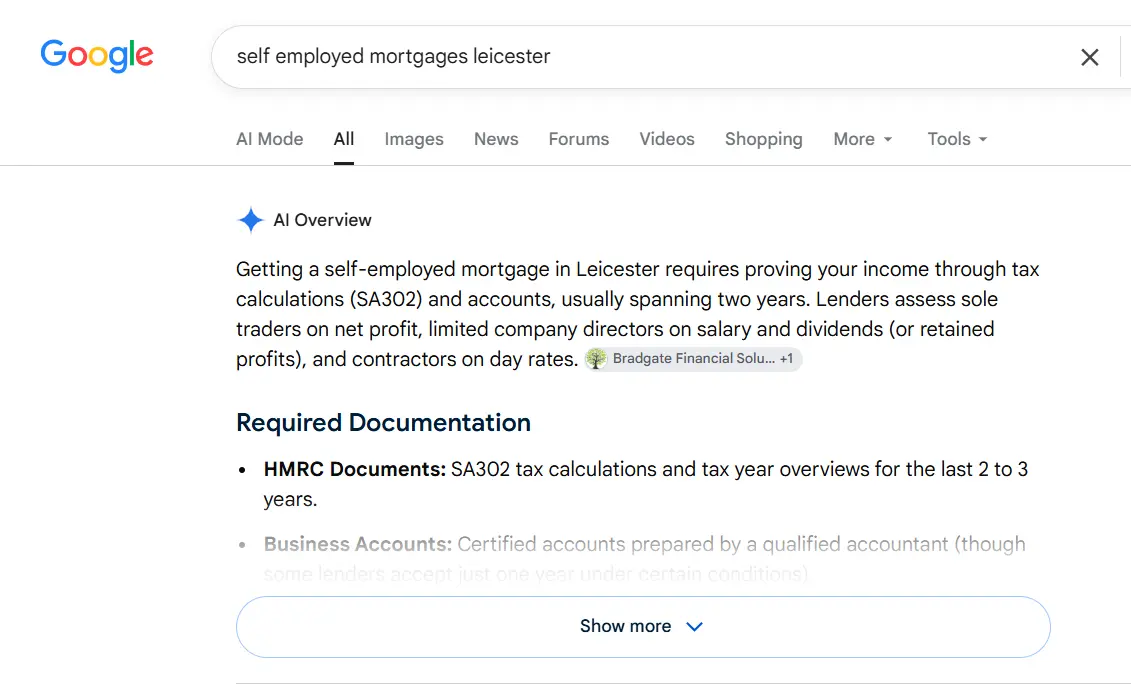 Bradgate Financial Solutions featured within a Google AI Overview for a Leicester mortgage search