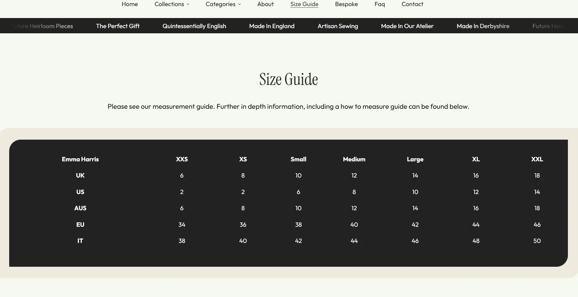 Emma Harris website size guide