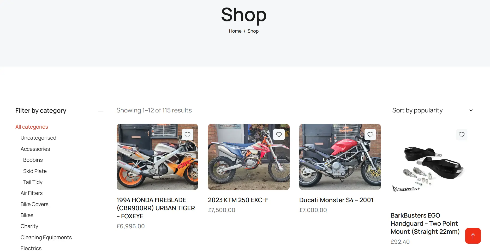 Links Motorcycles ecommerce shop page