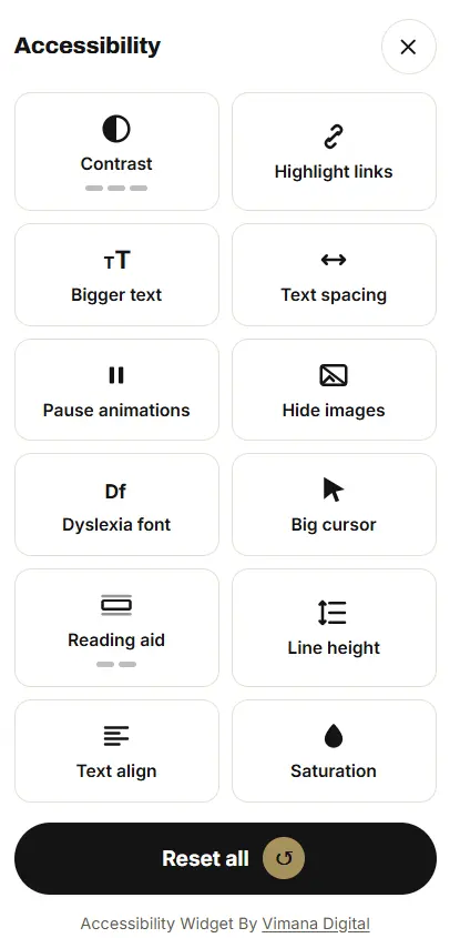 Bespoke accessibility widget created by Vimana Digital