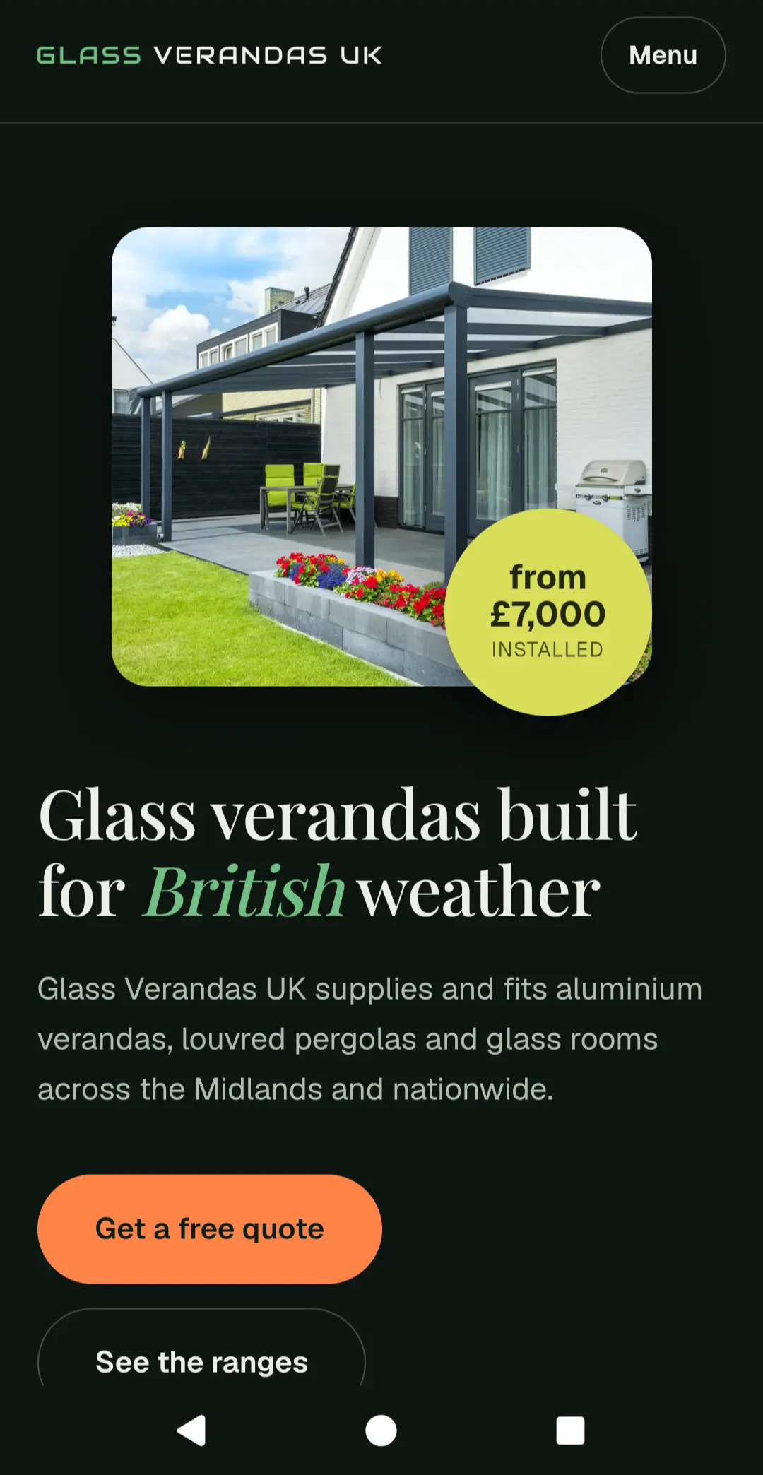 Mobile view of the Glass Verandas UK website