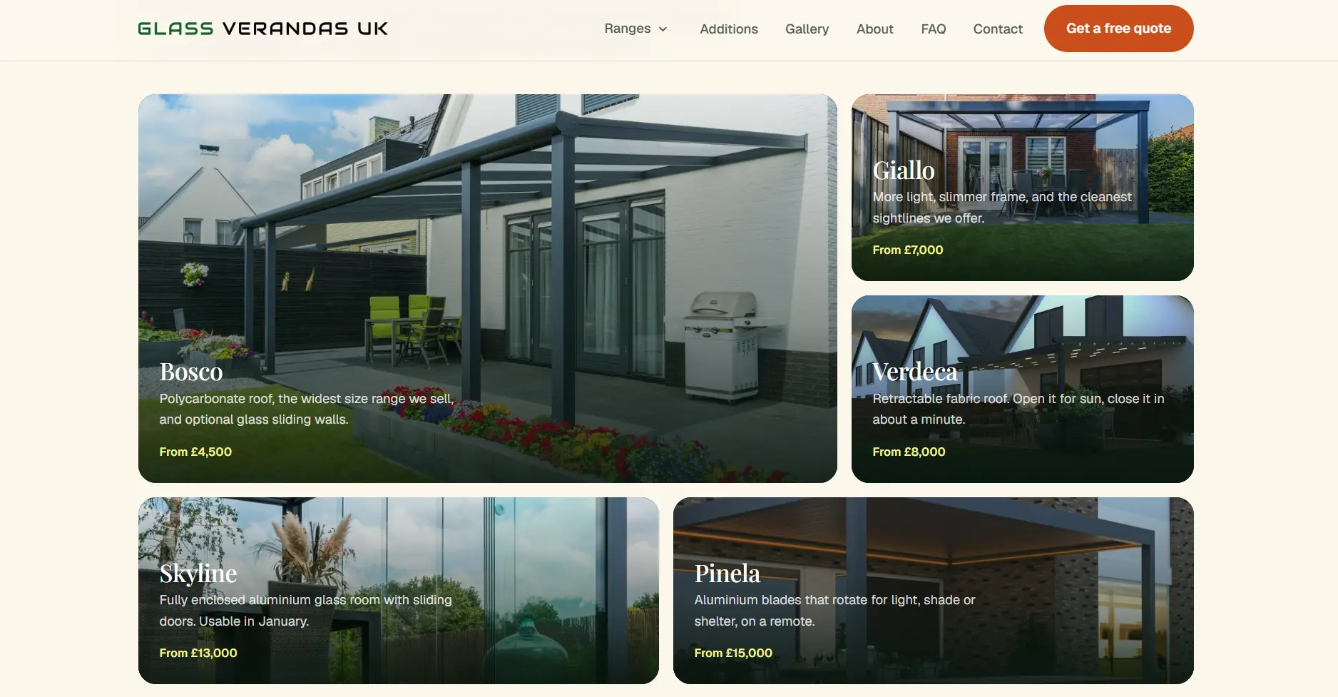 Glass Verandas UK product ranges displayed on the website