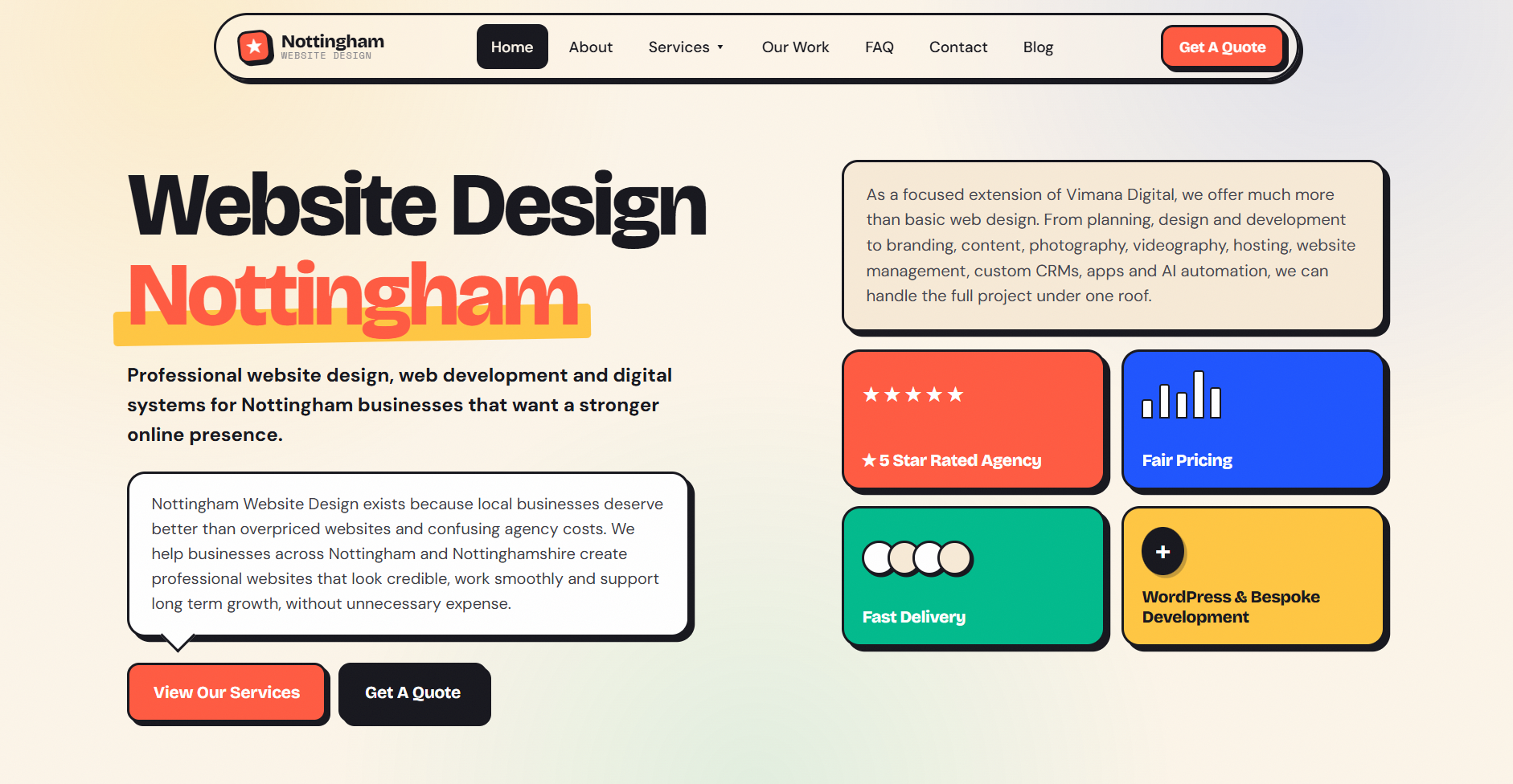Homepage of the Nottingham Website Design website created by Vimana Digital