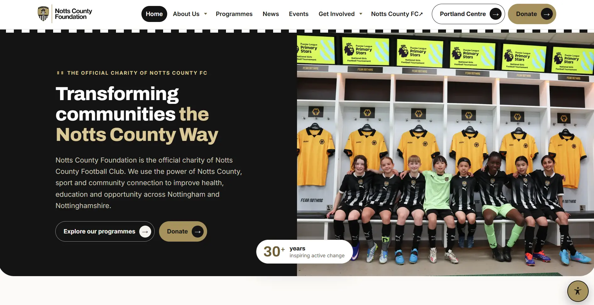 Notts County Foundation website homepage designed and developed by Vimana Digital